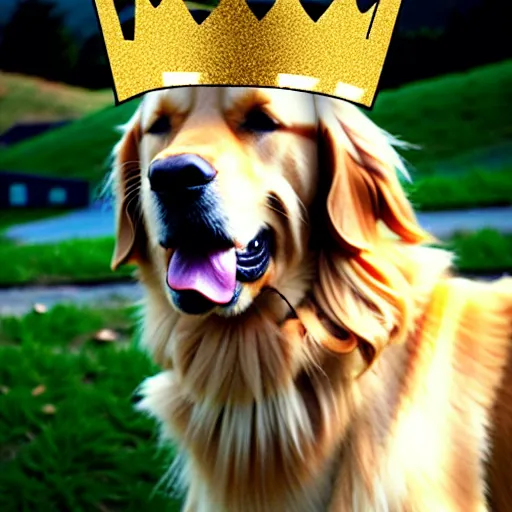 Prompt: a golden retriever wearing a golden king crown, photo