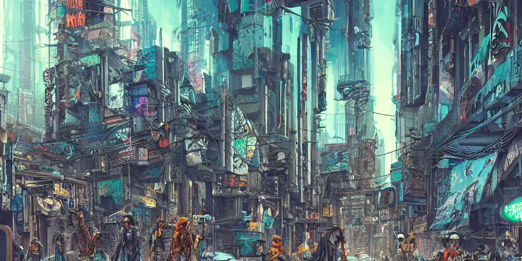 Prompt: a hyperrealistic and beautiful matte painting of a cyberpunk gang on the alleyway of a futuristic indonesian city, gritty, cyberpunk ads, piping, cables, octane rendered, art deco architecture, graffiti, fine detail, intricate, polished, blue color scheme, cinematic lighting, digital art, illustration, by john smith and noriyoshi ohrai and tsutomu nihei