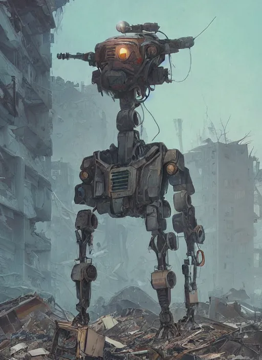 Prompt: A bipedal mech standing among the rubble of a destroyed city, artstation, mecha, military science fiction, digital painting, gritty, 4k, art by Simon Stålenhag