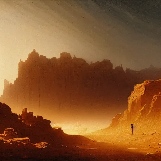 Image similar to an oil painting of a dry and cracked desert on an alien planet with a thick atmosphere and electrical storm above by carl spitzweg and greg rutkowski