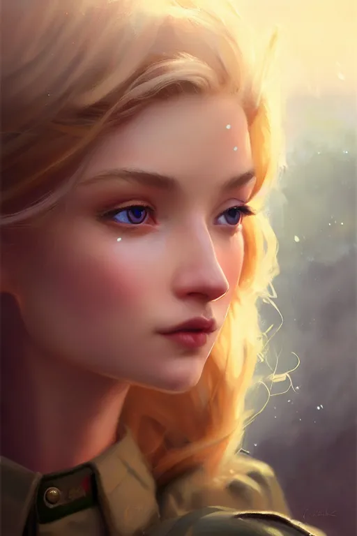 Image similar to cinematic shot of an epic portrait of a cute blonde fairy dressed in military clothes, stylised military clothes, shiny skin, beautiful eyes, beautiful, small details, night setting, realistic poster with volumetric light from jeremy lipkin and michael garmash, craig mallism, artgerm, unreal engine, radiant light, digital art, trends at art station, a masterpiece