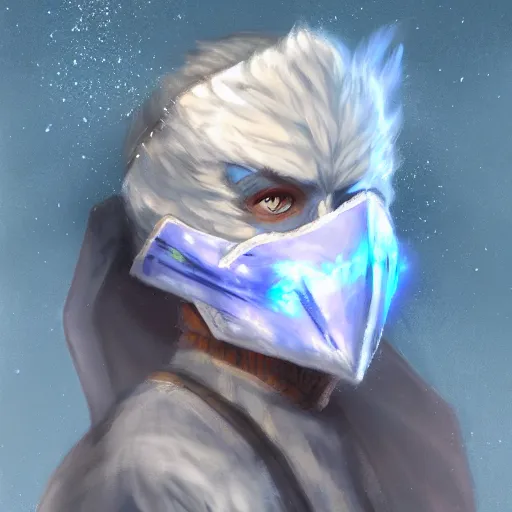 Prompt: bandit from ‘ icewind dale ’ with a frost gem mask, ‘ icewind dale 2 ’ profile portrait by ‘ justin sweet ’, falling snow, soft focus, illustration, oil paint, artstation