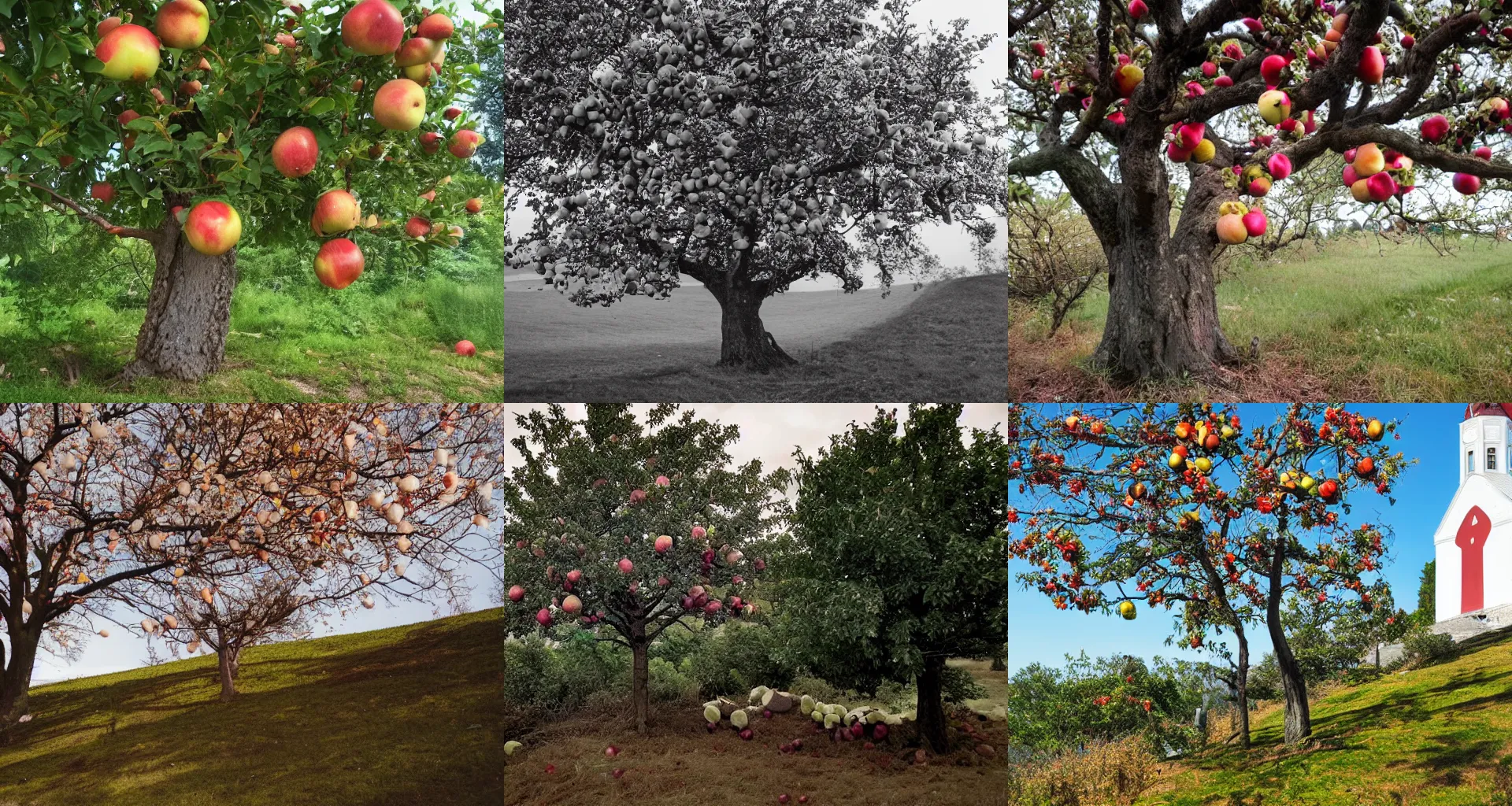 Image similar to tree with apples on hill in front of white church