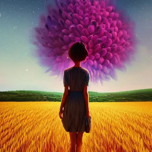 Image similar to giant pink daisy flower as a head, girl walking in wheat field, hills, surreal photography, dark night, star trails, dramatic light, impressionist painting, clouds, digital painting, artstation, simon stalenhag