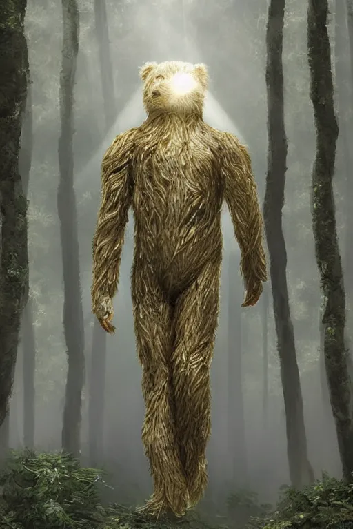 Image similar to helmetless Crysis Nanosuit worn by a fluffy teddybear, a forest with rays of light coming through the canopy, masterpiece, dystopian, sci-fi, extremely detailed, digital painting, sculpted in zbrush, artstation, concept art, smooth, sharp focus, illustration, chiaroscuro lighting, golden ratio, incredible art, artgerm, greg rutkowski, alphonse mucha, simon stalenhag, carravaggio