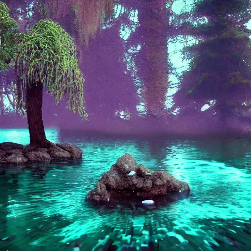 Image similar to supernatural magic occult mystical mystic paranormal preternatural otherworldly cryptic uncanny lush forest. water. lake. ocean. dome. crystals. uhd. 8 k. unreal and octane and unity and blender and cinema 4 d render. post processed color correction harmonic.