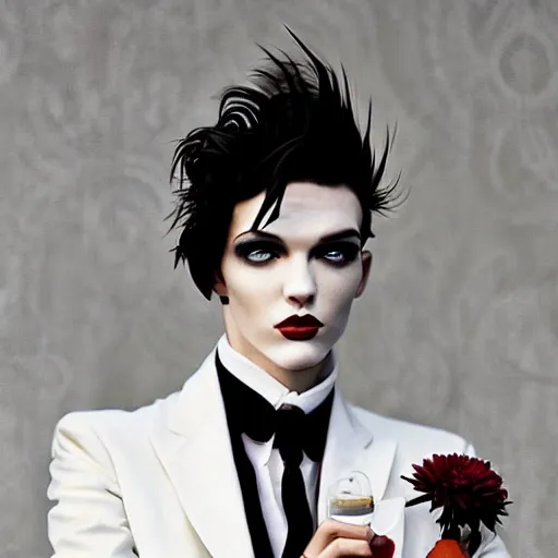 Prompt: beautiful portrait of androgynous ruby rose as desire from sandman in a white tuxedo!!!, rockabilly style,, by alphonse mucha, by peter lindbergh, cedric peyravernay, by jeremy mann, by frank moth, white suit and black tie, soft lightning, high detailed, 8 k