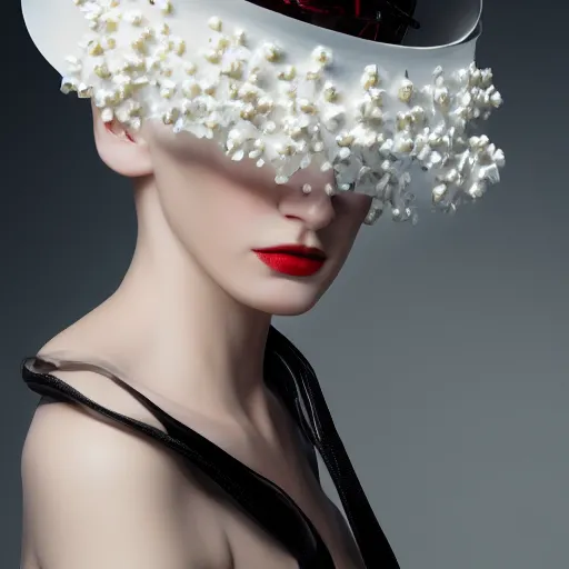 Prompt: a beautiful futuristic portrait with hat made white plastic flowers and silk twisted around her face, necklace made by silk and wire, design by balenciaga, inspired by egon schiele, modern art, baroque art jewelry, new classic, hyper realistic, cinematic composition, cinematic lighting, fashion design, concept art, hdri, 4 k