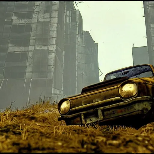 Prompt: Rusty Volkswagen Golf, screenshot from game Fallout 2 (1998), postapocalyptic