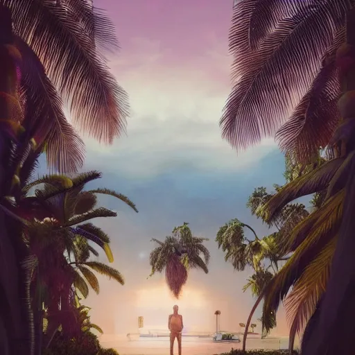 Image similar to indoor liminal space, golden light, greg rutkowski, palm trees, pink door, minimalistic, hyperrealistic surrealism, award winning masterpiece with incredible details, epic stunning, infinity pool mirrors, a surreal vaporwave liminal space with mirrors, highly detailed, trending on artstation, artgerm and greg rutkowski and alphonse mucha, daily deviation