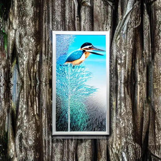 Image similar to wall art of a real life kingfisher made out of reflective crystal and very reflective polished metal, in the background is a forest, product photography