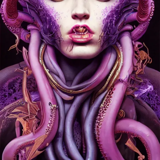 Image similar to art portrait of a furious girl with purple tentacles on her head, 8 k, by tristan eaton, stanley artgermm, tom bagshaw, greg rutkowski, carne griffiths, trending on deviantart, face enhance, hyper detailed, full of colour,