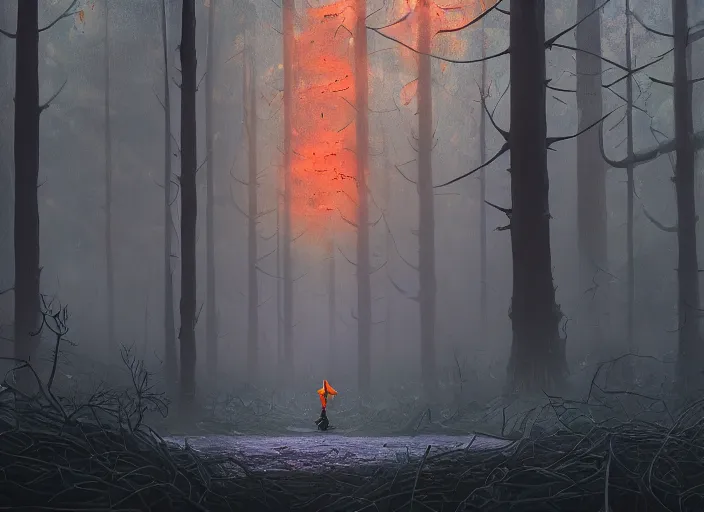 Prompt: a few orange safety cones in a beautiful strange forest, a black hairy fuzzy yakka mahasohna devil beast in a mask stands in the center distance, cinematic painting by james jean, atomspheric lighting, moody lighting, dappled light, detailed, digital art, limited color palette, wes anderson, artstation, 2 4 mm lens, surreal