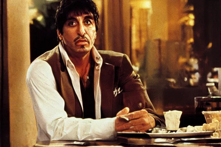 Prompt: tony montana from movie scarface 1 9 8 3 sitting at a table with big packages of flour. next to the night window. al pacino. perfect symmetric face, coherent eyes, medium shot, fine details, 4 k, cinestill, ron cobb