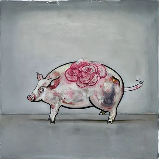 Image similar to “pig paintings and pig sculptures in a pig art gallery, pork, ikebana white flowers, white wax dripping, squashed raspberry stains, acrylic and spray paint and oilstick on canvas, by munch and Dali”