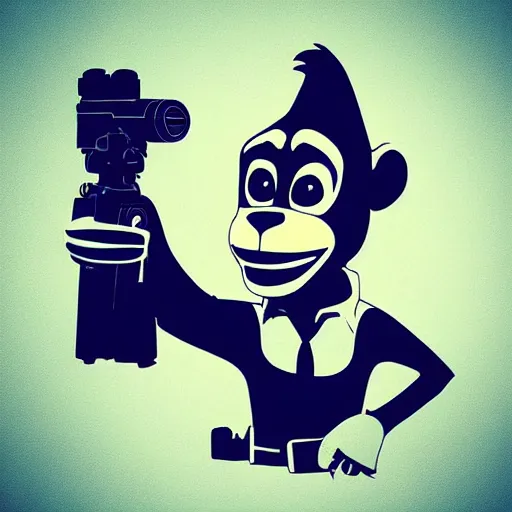 Image similar to “ logo and portrait of a monkey in the style of zootopia holding laser gun, with a black background, digital art, award winning, trending on art station, retro style ”