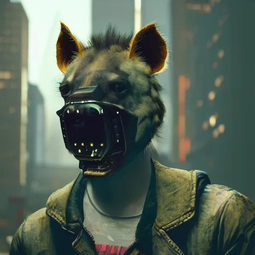 Image similar to new york city portrait of furry anthro anthropomorphic spotted hyena head animal person fursona wearing clothes strange cybernetic muzzle gloomy rainy screenshot from the video game cyberpunk 2077 digital art by Greg Rutkowski, Simon Stalenhag, christopher nolan trending on Artstation, CGSociety