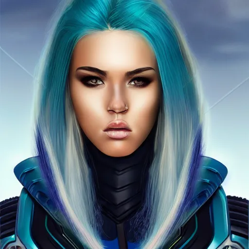 Image similar to a stunning upper body portrait of a beautiful young woman wearing futuristic navy blue and teal battle bodyarmor with ombre bleach blonde hairstyle blowing in the wind by marvel comics, digital art, trending on artstation