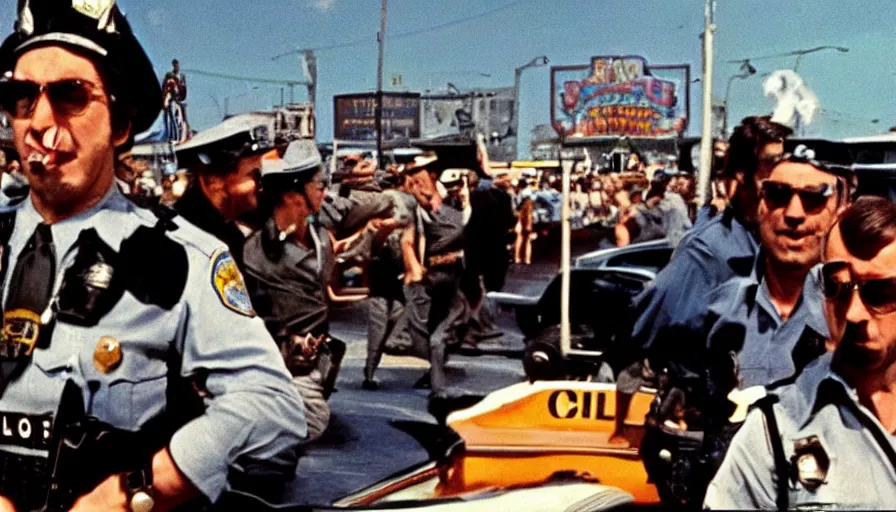 Prompt: 1975 color! movie about cops and police cars raiding a carnival.