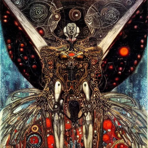 Image similar to winged cybernetic vampire with horns trapped in circuitry, intricate detail, miro, royo, whealan, klimt,