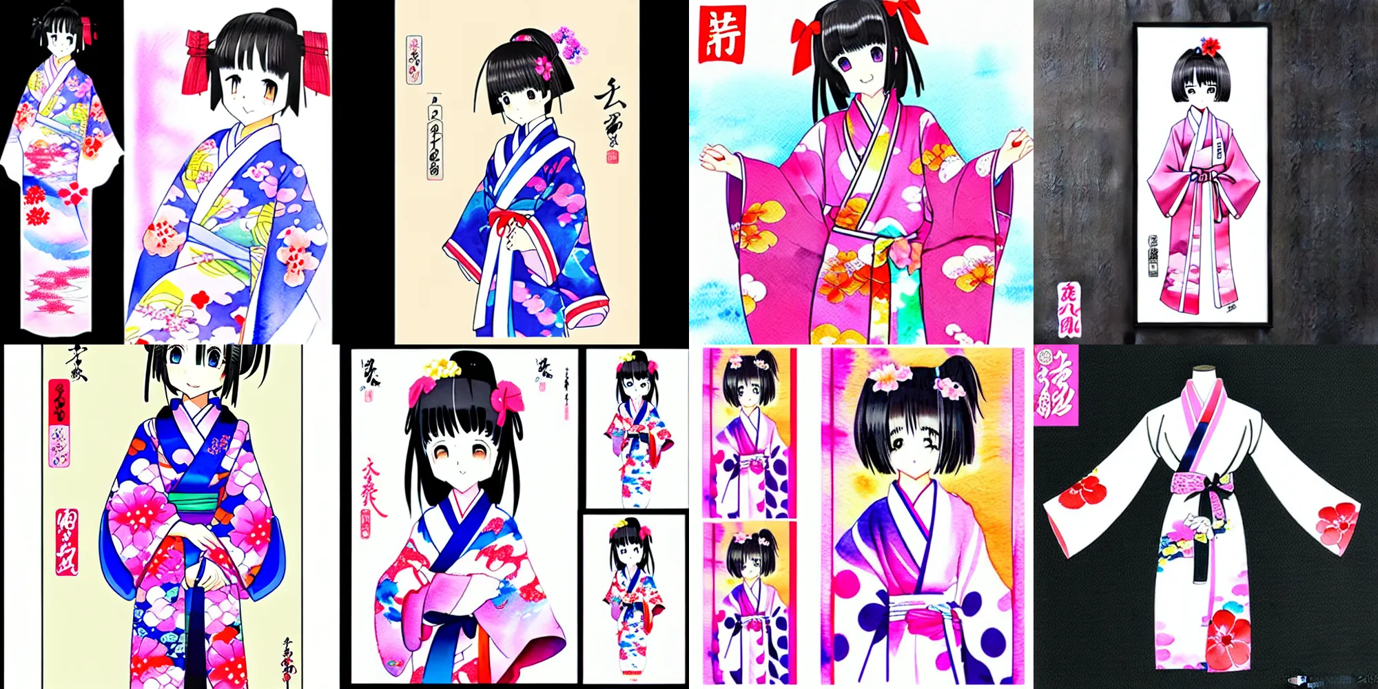 Prompt: cute kimono anime young female, kawaii shikishi character shikishi watercolor shikishi goods shikishi artist shikishi