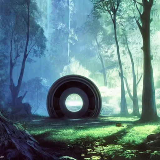 Prompt: floating derelict portal in a middle of a futuristic forest, world seen only through a portal, daylight, cinematic lighting, blue sky, syd mead, john harris