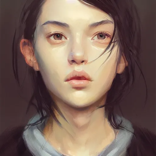 Image similar to portrait of a girl by greg rutkowski, she is about 2 0 years old, mixture between russian and japanese, prettt, black bob hair with two strands around her face, wearing a oversized jumper jumpsuit, highly detailed portrait, digital painting, artstation, concept art, smooth, sharp foccus ilustration, artstation hq