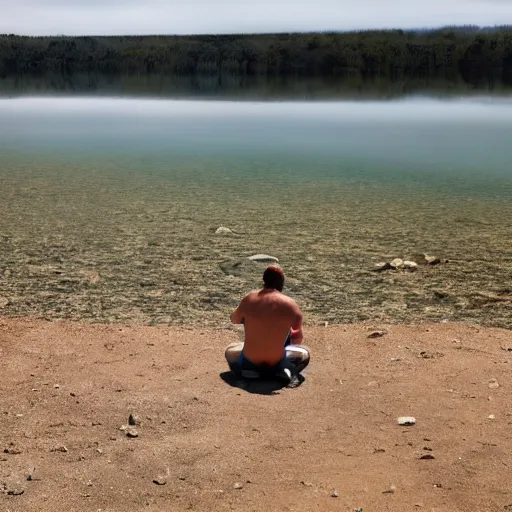 Prompt: Musty lake, single human figure floating in distance