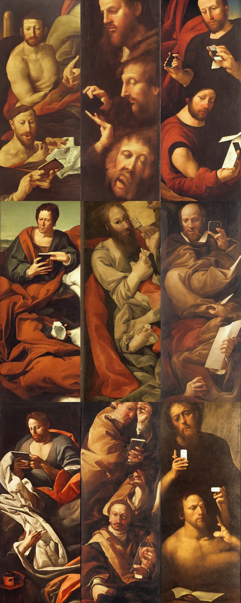 Prompt: Renaissance oil painting of a man in his bed holding a smartphone that illuminates his face