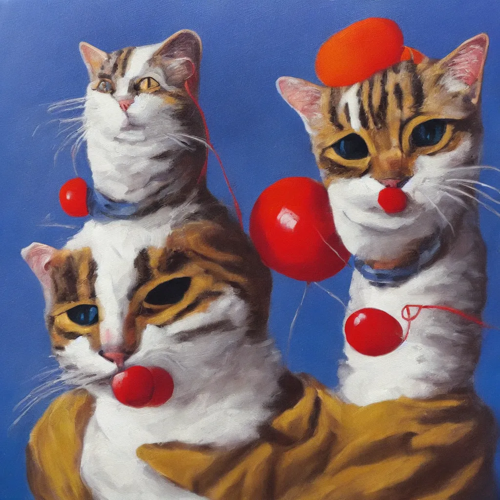 Prompt: oil painting of a cat in a clown suit