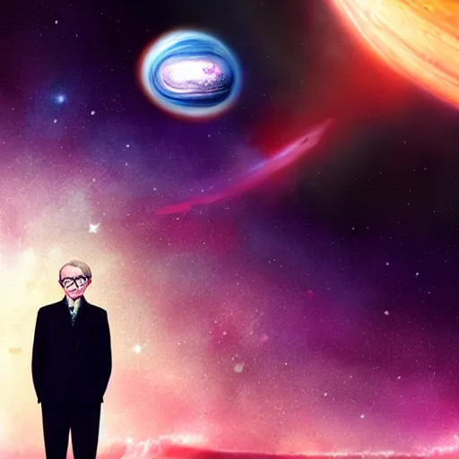 Image similar to stephen hawking with space in the background, universe, galaxies, planets, black hole, by wlop and ross tran, colorful