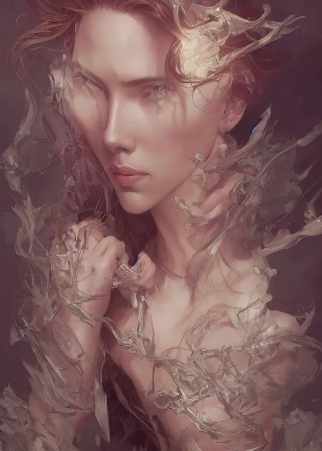 Image similar to Scarlett Johansson , beautiful bone structure, intricate, elegant, highly detailed, digital painting, artstation, concept art, smooth, sharp focus, illustration, art by artgerm and greg rutkowski and alphonse mucha