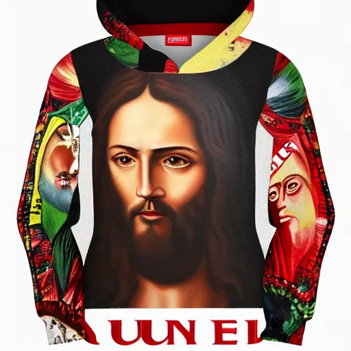 Image similar to an oil painting showing jesus wearing a supreme t - shirt underneath a gucci hoddie, 4 k, highly detailed