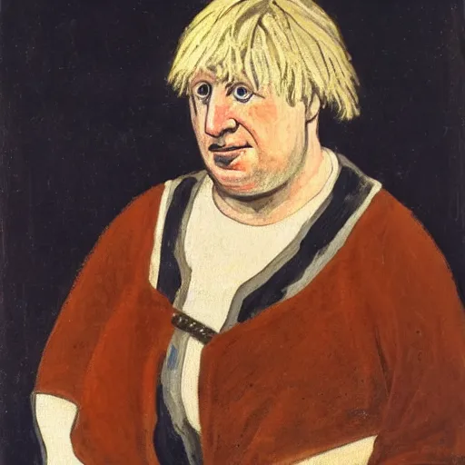 Image similar to boris johnson as a 1 2 th century peasant in england, painting, exhibited at british museum, oil on canvas, restored