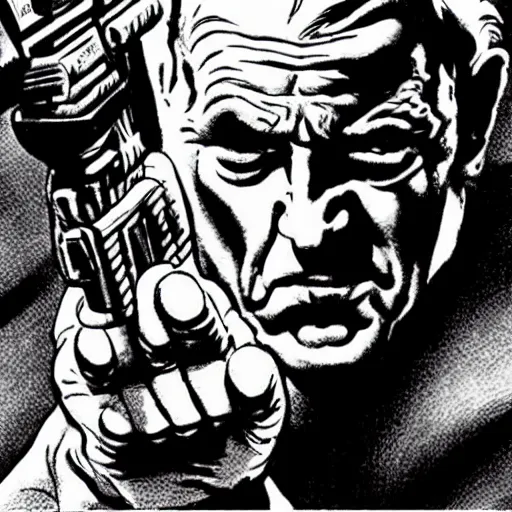 Image similar to milos zeman as sin city character, holding automatic rifle, drawn by frank miller