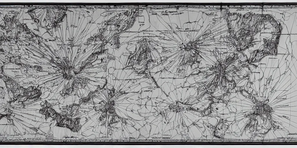 Prompt: technical drawing of dolomites and tyrolean folklore masks, multiple layers, detailed map, notes, roadmap, stylized, blueprint, black and white, old, erosion