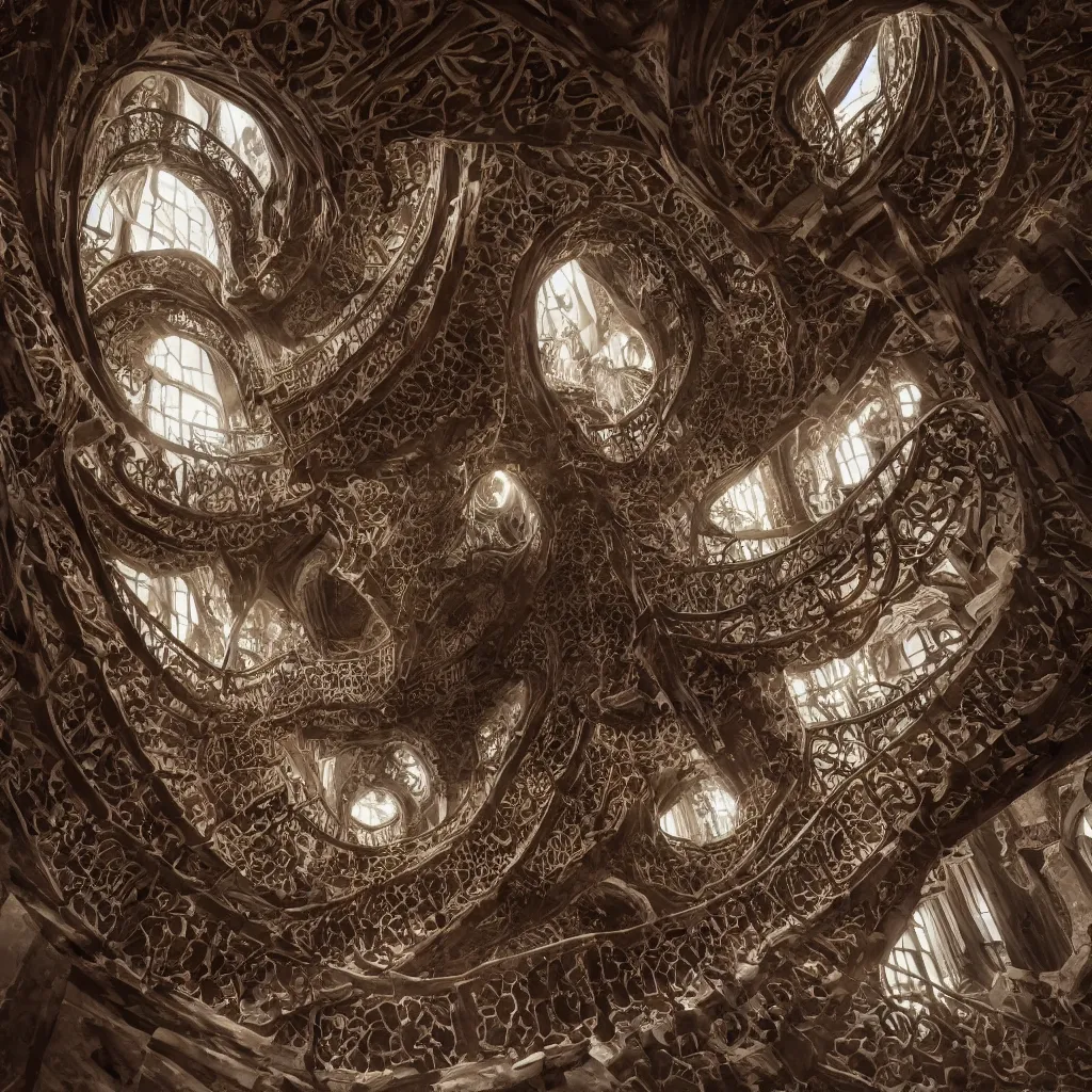 Image similar to , grand spiral stairs going down deep in a dark hole, baroque, by antoni gaudi and greg rutkowski, dramatic volumetric cinematic light, chiaroscuro, cinematic, high quality, high detailed, detailed patterns pop art