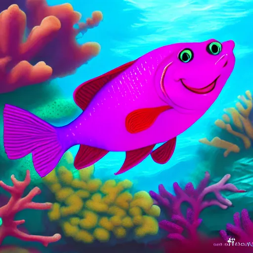 Image similar to A purple fish, swimming in a beautiful coral reef, Digital art, Concept art