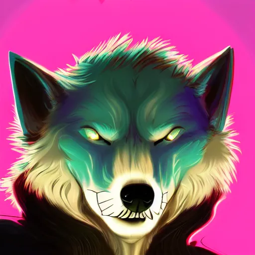 Prompt: a chill synthwave wolf character, digital painting, synthwave, vivid, furaffinity, furry, furry fandom