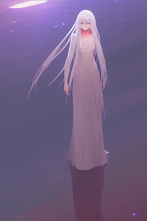 Image similar to A full body portrait of a female priestess with long silver hair by makoto shinkai and james gilleard, fantasy, very detailed, matte, gaussian blur, tone mapping