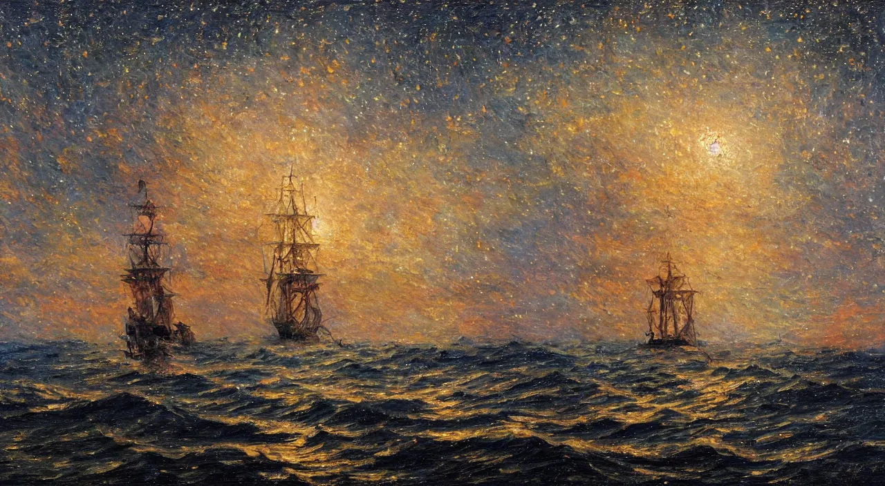 Prompt: an ironclad warship sailing through a sea of stars, oil on canvas, impressionism, intricate