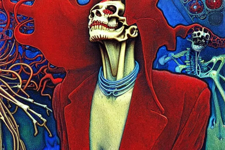 Image similar to realistic detailed closeup portrait painting of a single skeleton wearing red velvet blazer in a crowded futuristic moscow street by Jean Delville, Amano, Yves Tanguy, Alphonse Mucha, Ernst Haeckel, Edward Robert Hughes, Roger Dean, rich moody colours, blue eyes