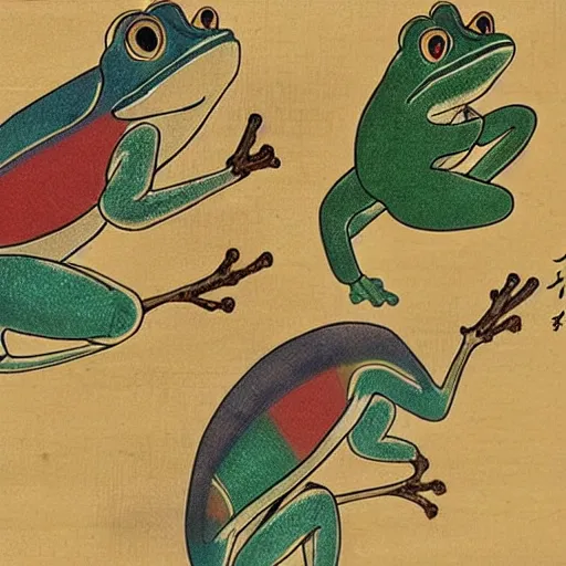 Image similar to ancient Japanese color art of a trio of frogs in different colors