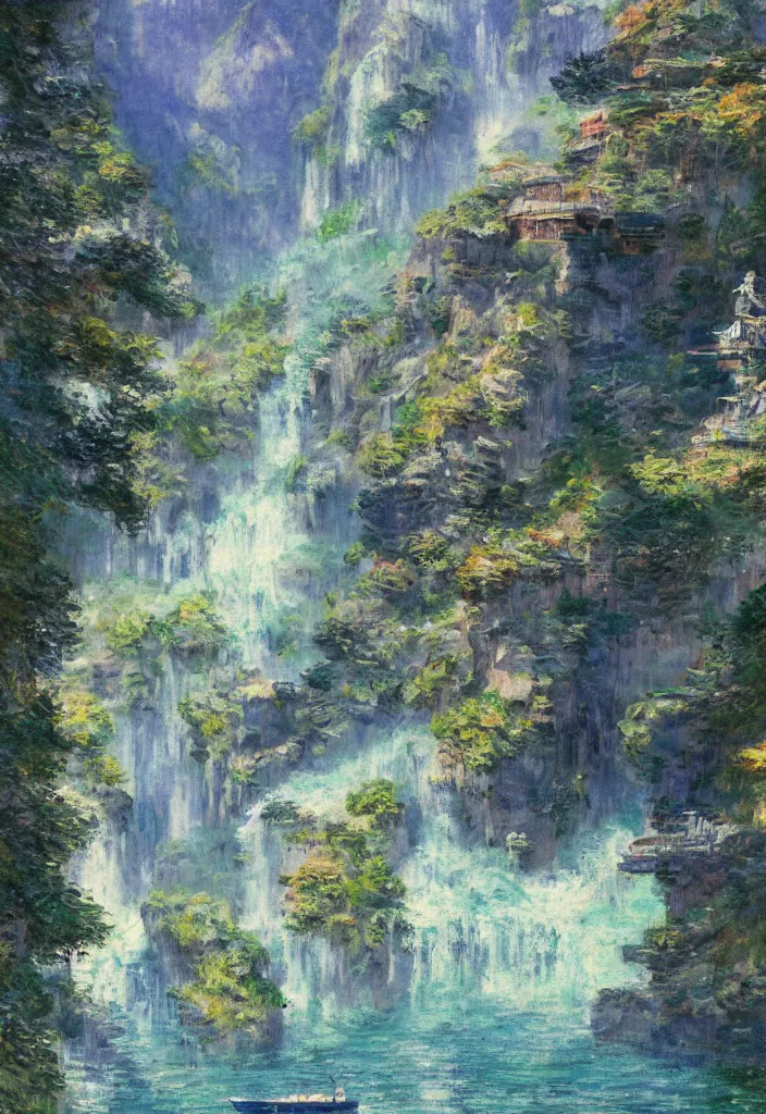 Prompt: a japanese city in the mountain surrounded by waterfall. cyberpunk, boats flying. beautiful blue sky. gorgeous epic nature, lofi, vivid colors, amazing light, by jeremy lipkin, by claude monet, heavily inspired by makoto shinkai, inspired by ghibli, masterpiece, multiple brush strokes, impressionist style