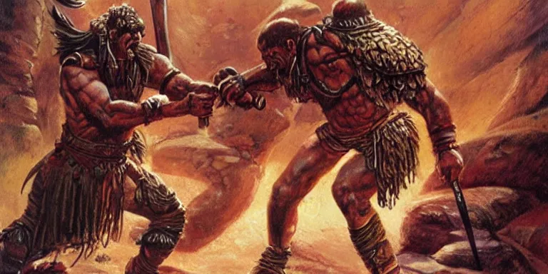 Image similar to a barbarian warrior fights a mummy in an old tomb, concept art by boris vallejo and michael whelan