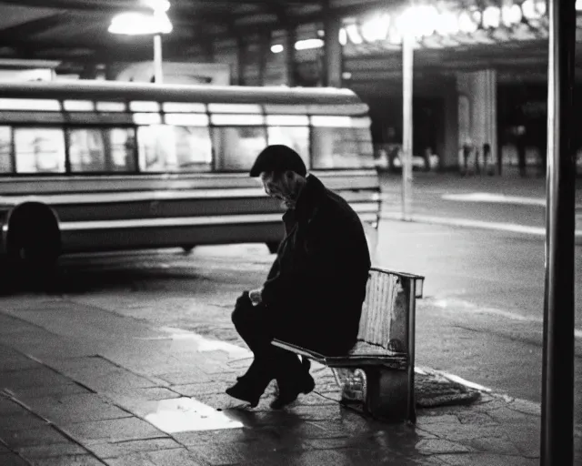 Prompt: a lomographic photo of russian lone man sitting in bus station at evening, cinestill, bokeh