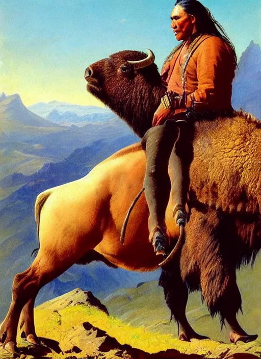 Image similar to beautiful native american riding bison, buffalo, powerful native american warrior, mountain range, beautiful sky, standing on the edge of a cliff, nineteenth century, painted by frazetta