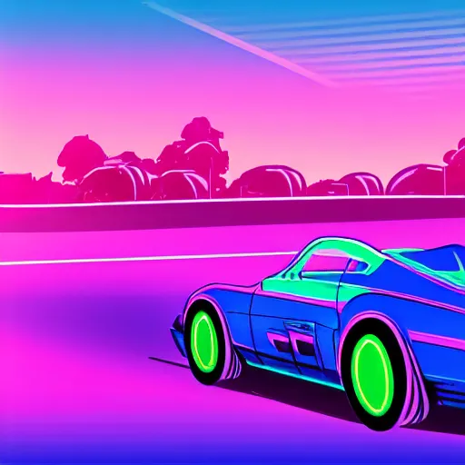 Prompt: synthwave poster of sports car in bland plains, with blue fog, purple fog, pink fog in the background and laser neon trims