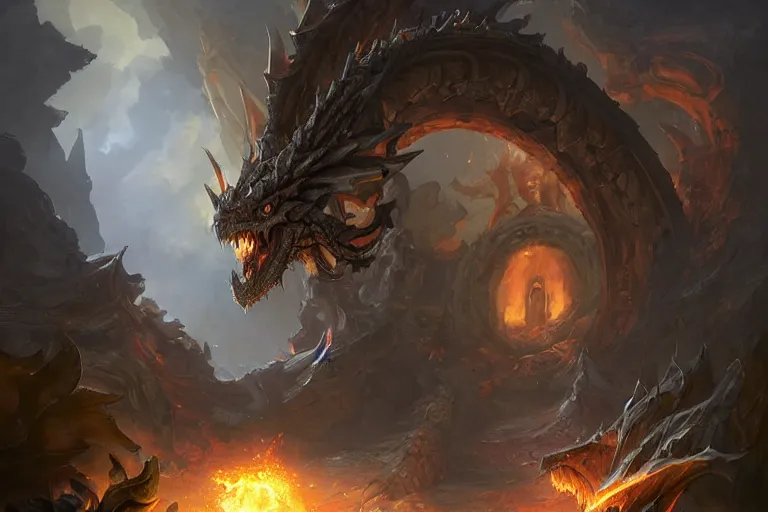 Image similar to a dragon emerging from a portal in the baroque era, league of legends art style, hearthstone art style, epic fantasy style art by Craig Mullins, fantasy epic digital art, epic fantasy card game art by Greg Rutkowski