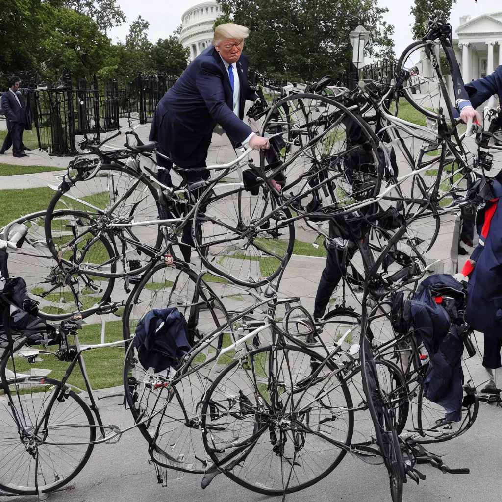 Image similar to trump repairs his bicycle outside the white house